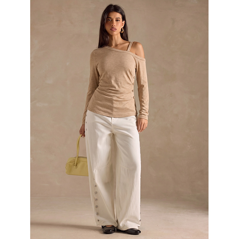 Plus Size Women's Asymmetric Off-Shoulder Long Sleeve Top with Faux Two-Piece Straps and Side Buttons