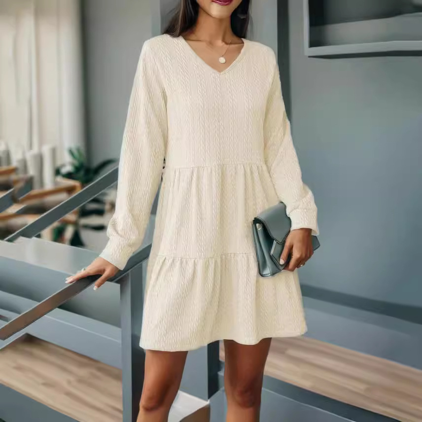 V-Neck Color-Block Long-Sleeve Loose Midi Dress