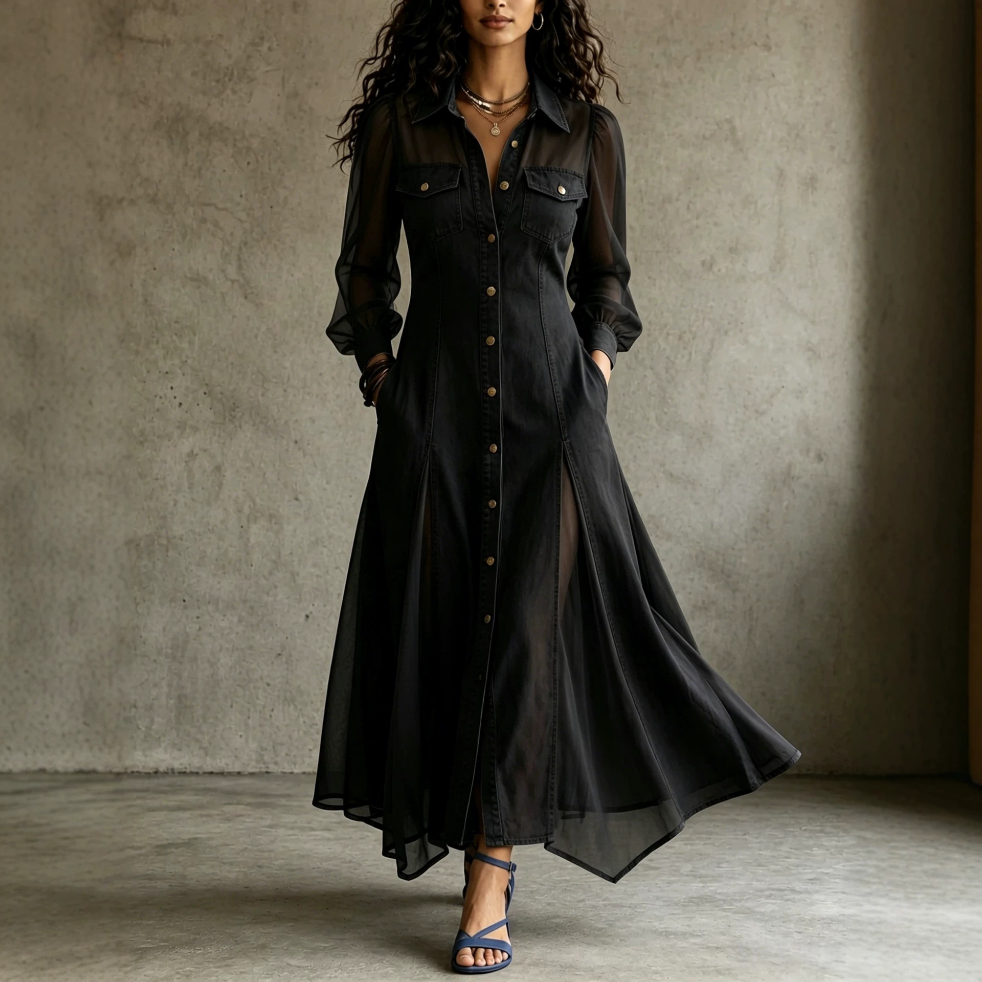 Casual Loose Faux Denim Spliced Chiffon Collared Long Sleeve Dress