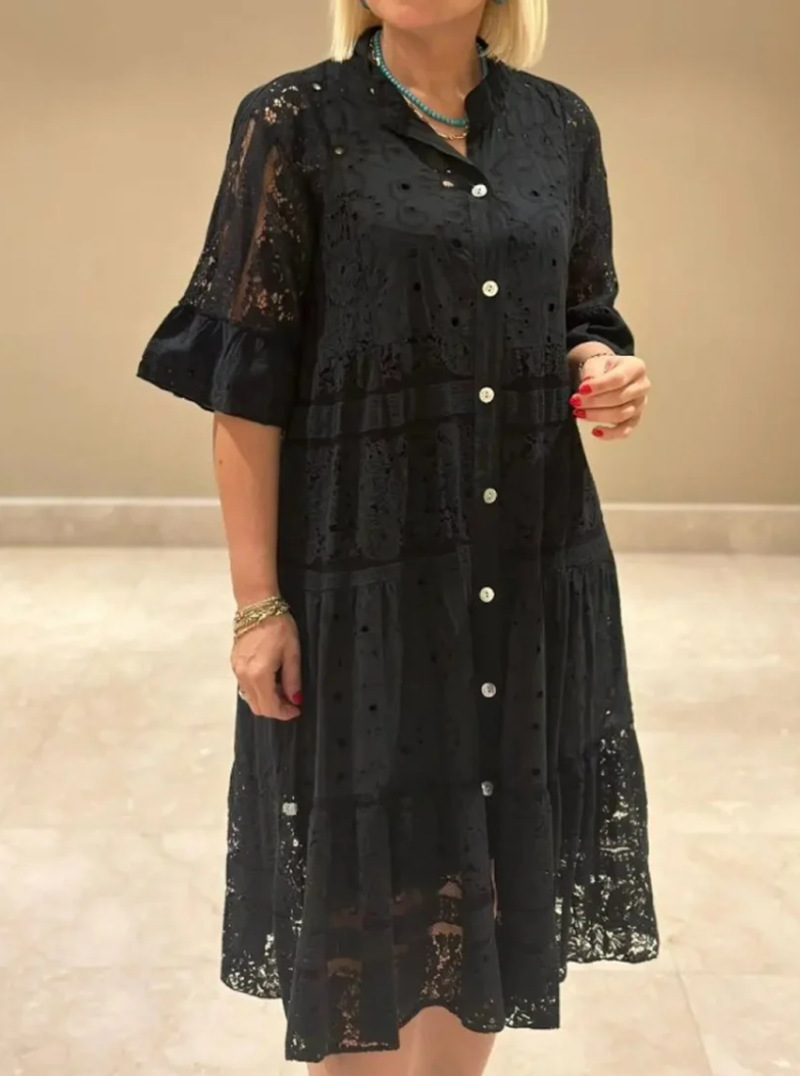 Women's Solid V-Neck Button Lace Panel Midi Dress
