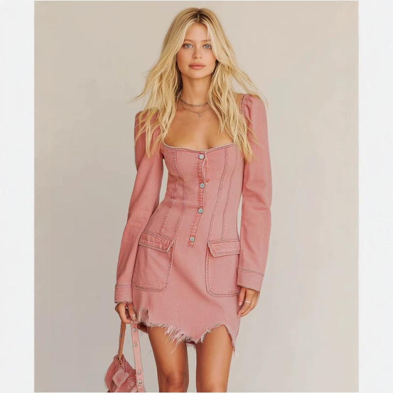 Retro Western Pink Denim Dress Square Neck Puff Sleeve Mini
