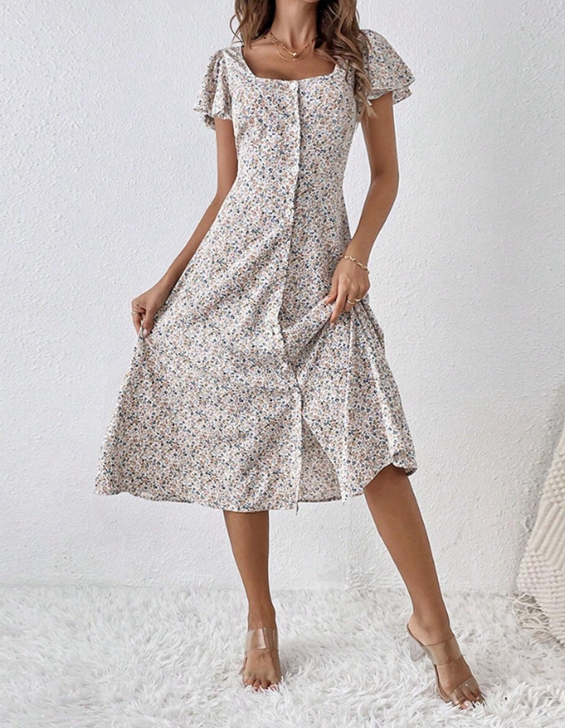 Floral Print Square Neck Short Sleeve Maxi Dress