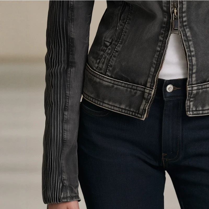Women's Vintage Black Gray Washed Denim Moto Jacket