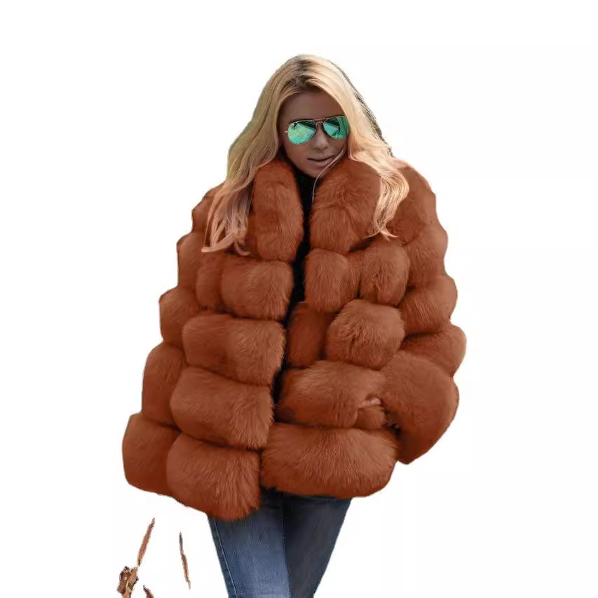 Women's Loose Faux Rabbit Fur Mid-Length Coat Solid Color Crew Neck