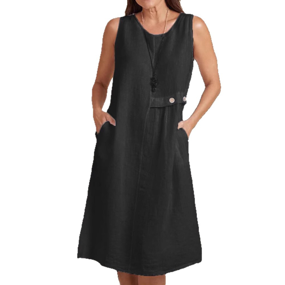 Women's Sleeveless Cotton-Linen Dress with Button Pocket Round Neck