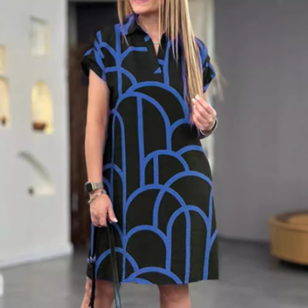 Women's Printed V-Neck Short Sleeve Dress with Pockets