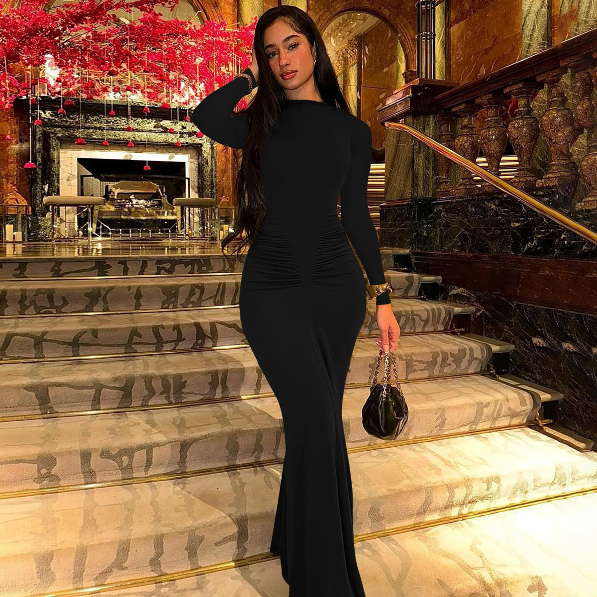 Pleated Round Neck Slim Fit Long Sleeve Dress