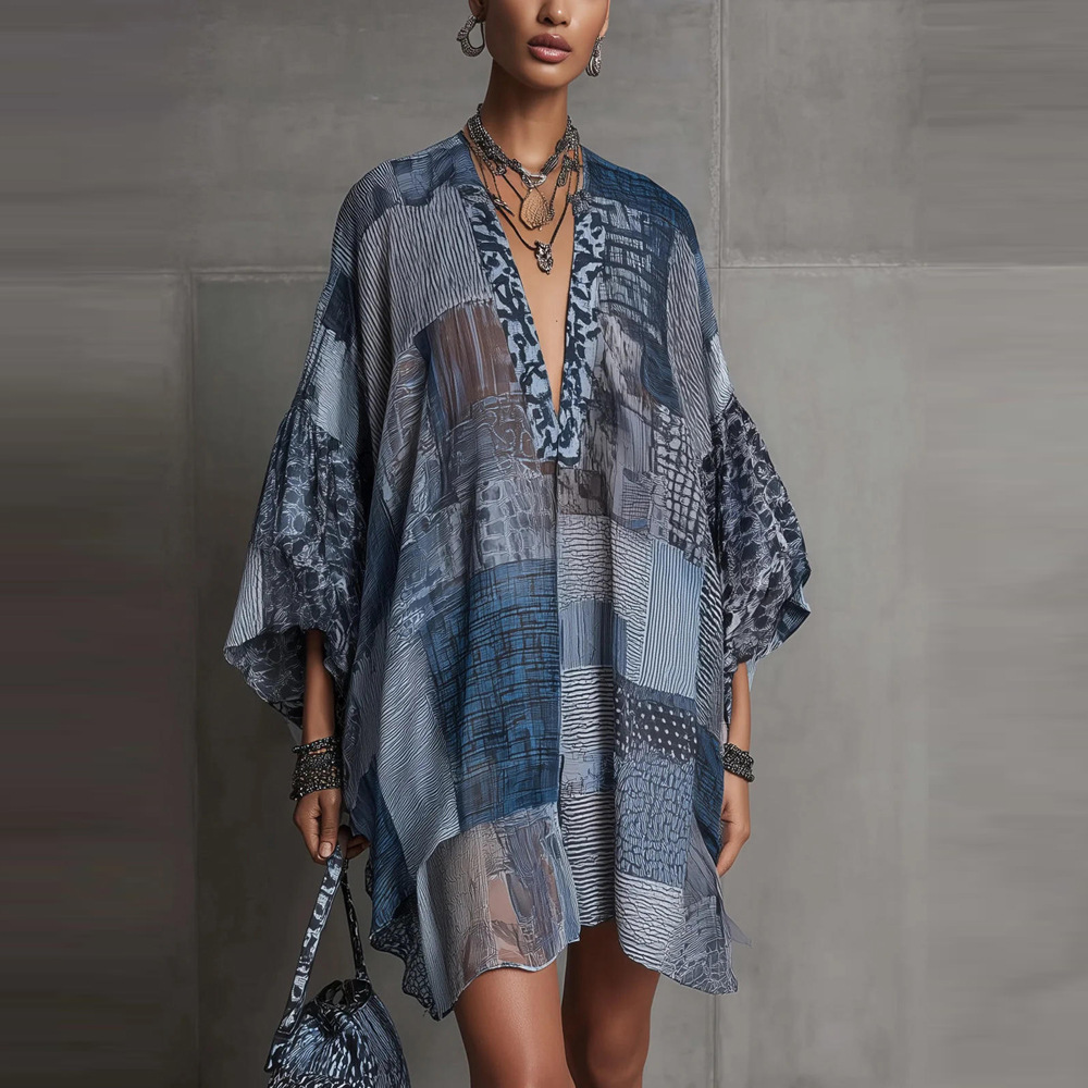 Women's Plaid Print Loose Casual Long Dress V-Neck