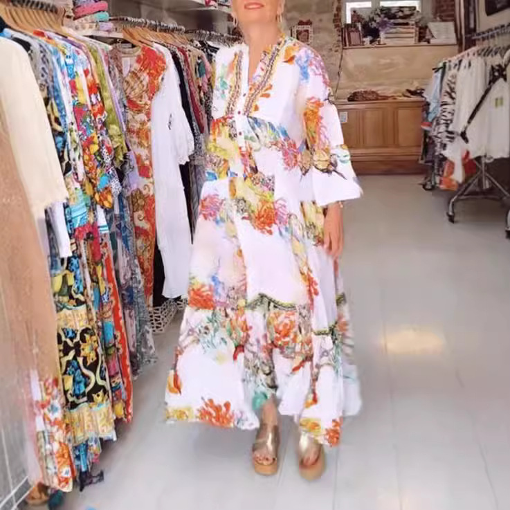 Women's Printed V-Neck Long Sleeve Loose Casual Dress