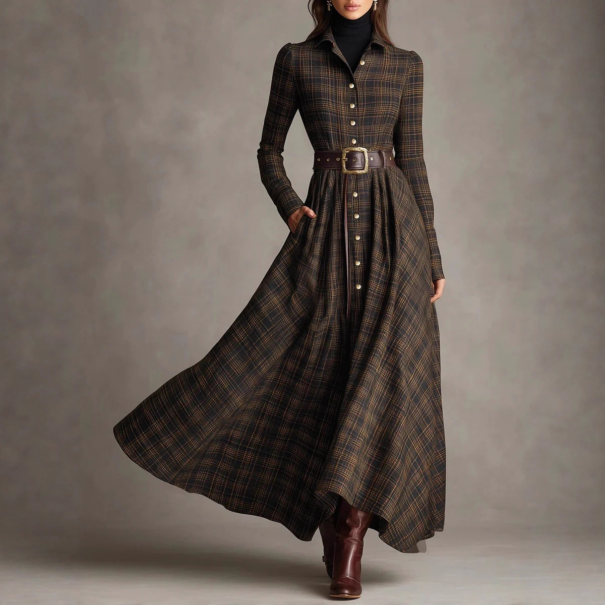 Digital Print Collared Elastic Waist Shirt Dress Long