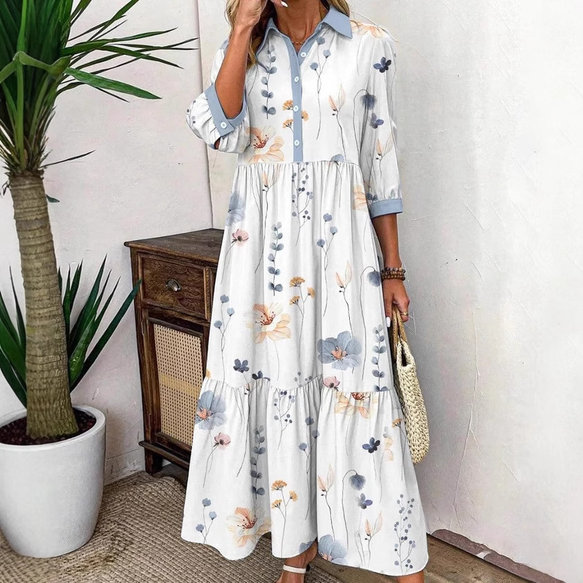 Women's Casual Printed Shirt Dress Long Sleeve High Waist Long Dress
