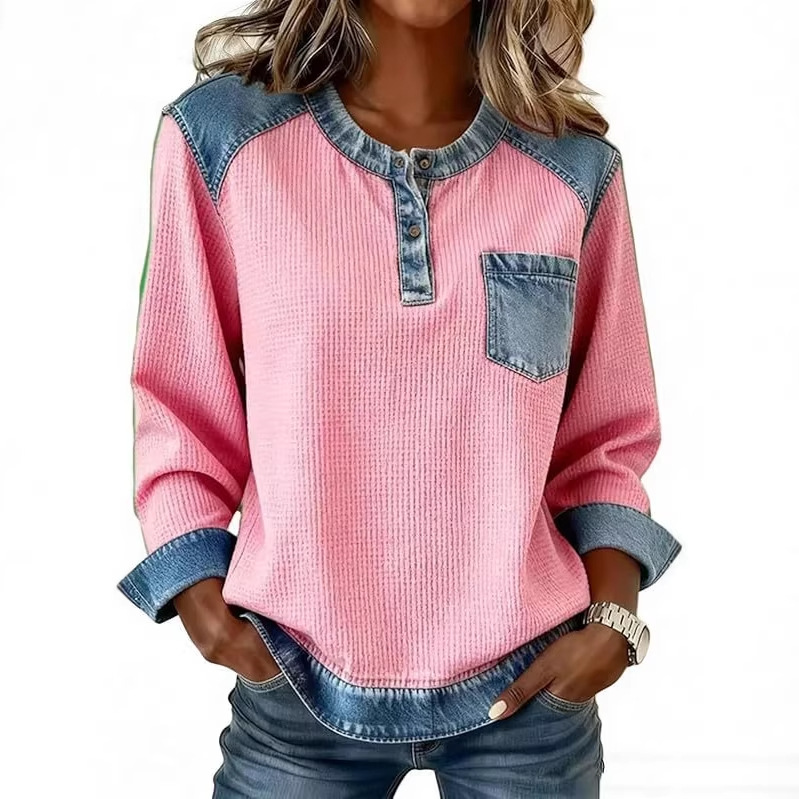 Faux Denim Patchwork Button Pocket Long Sleeve Crewneck Top