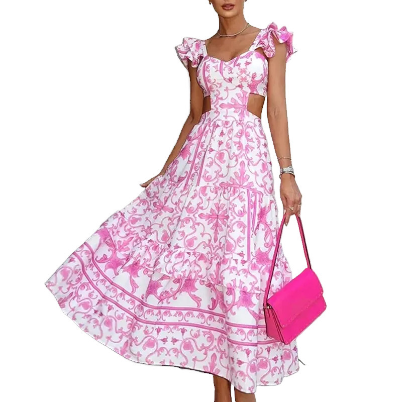 Women's Flutter-Sleeve Printed Cutout Waist Maxi Dress