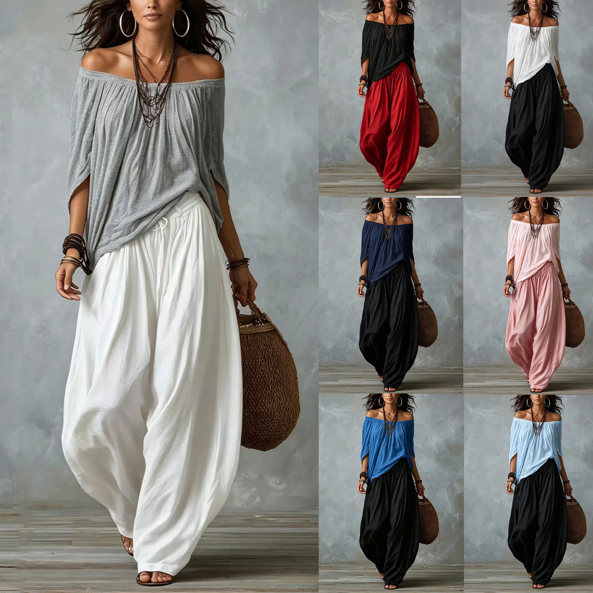 Women's Off-Shoulder Top and Wide-Leg Pants Set Casual Two-Piece Outfit