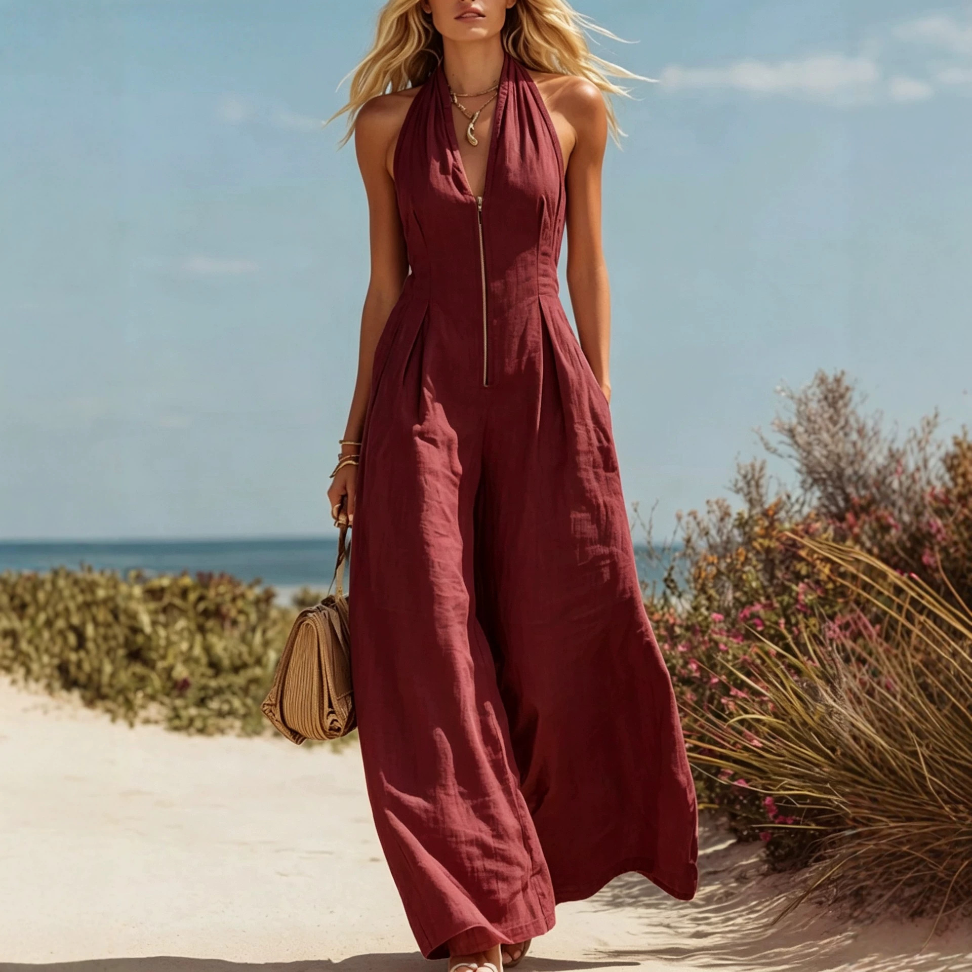 Halter Neck Sleeveless Wide-Leg Jumpsuit with V-Neck and Zip