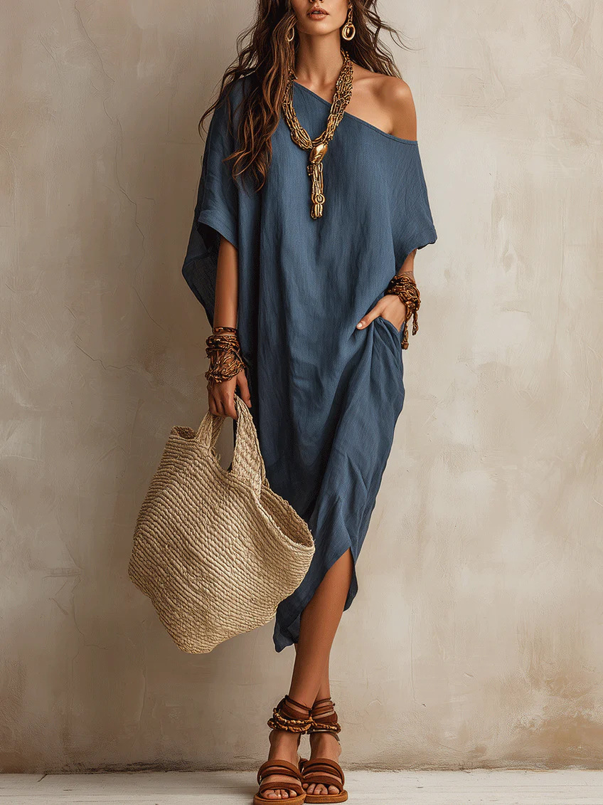 Women's One-Shoulder Cotton-Linen Blend Midi Dress with Batwing Sleeves and Slit