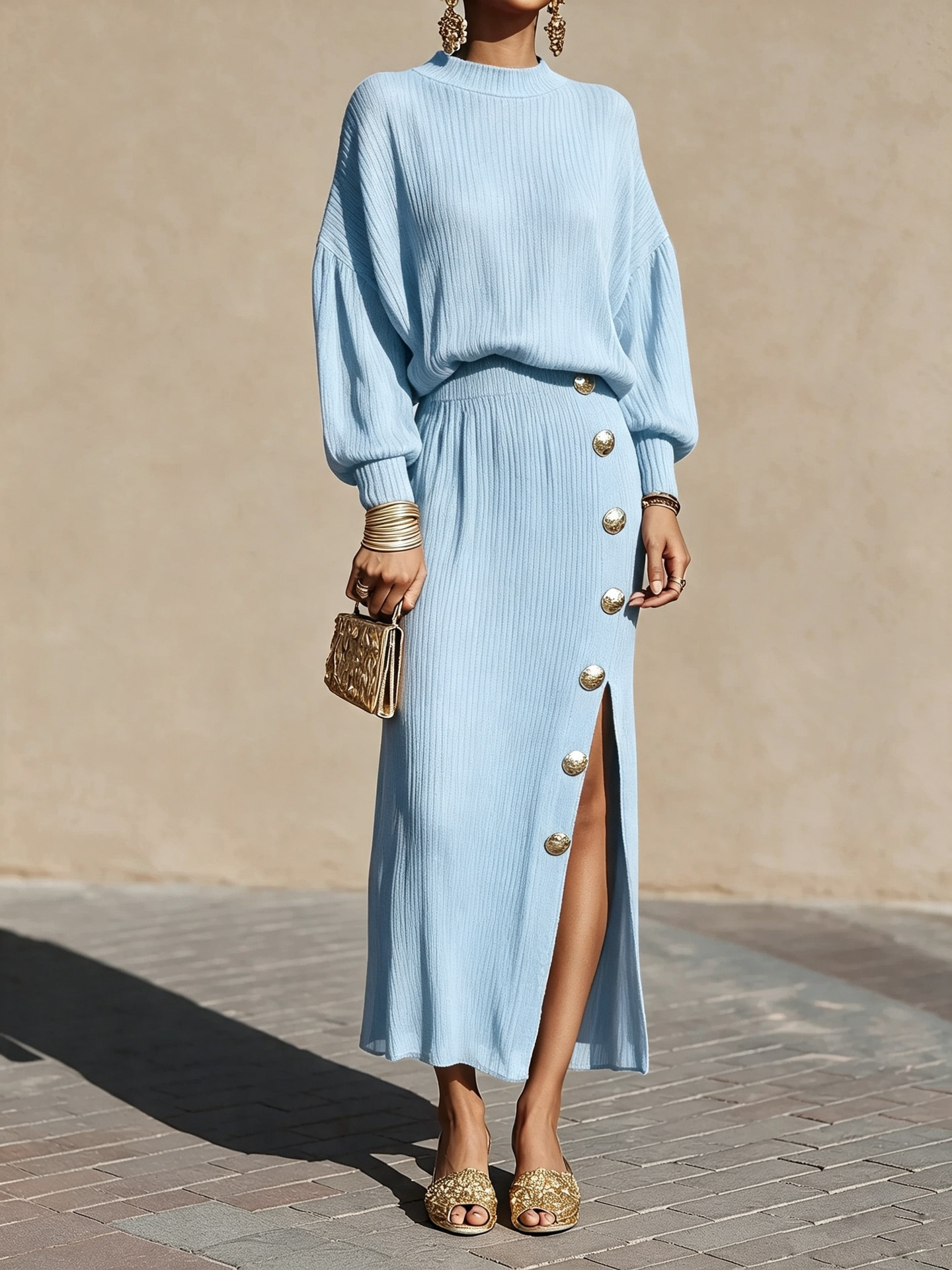 Women's Solid Pleated Knit Long-Sleeve Top and Button Slit Skirt Two-Piece Set