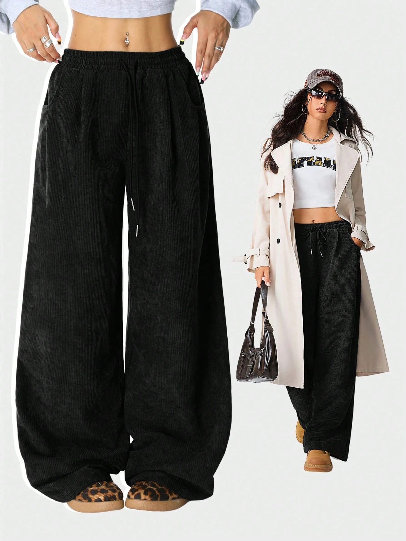 Women's High-Waist Drawstring Wide-Leg Pants Relaxed Drapey Casual