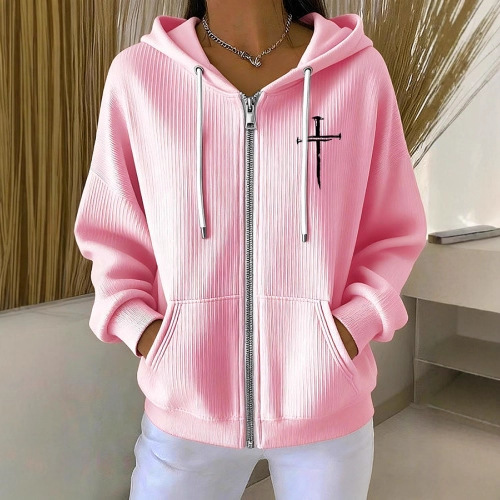 Women's Cross Print Ribbed Hoodie Long Sleeve Crew Neck Zip Up
