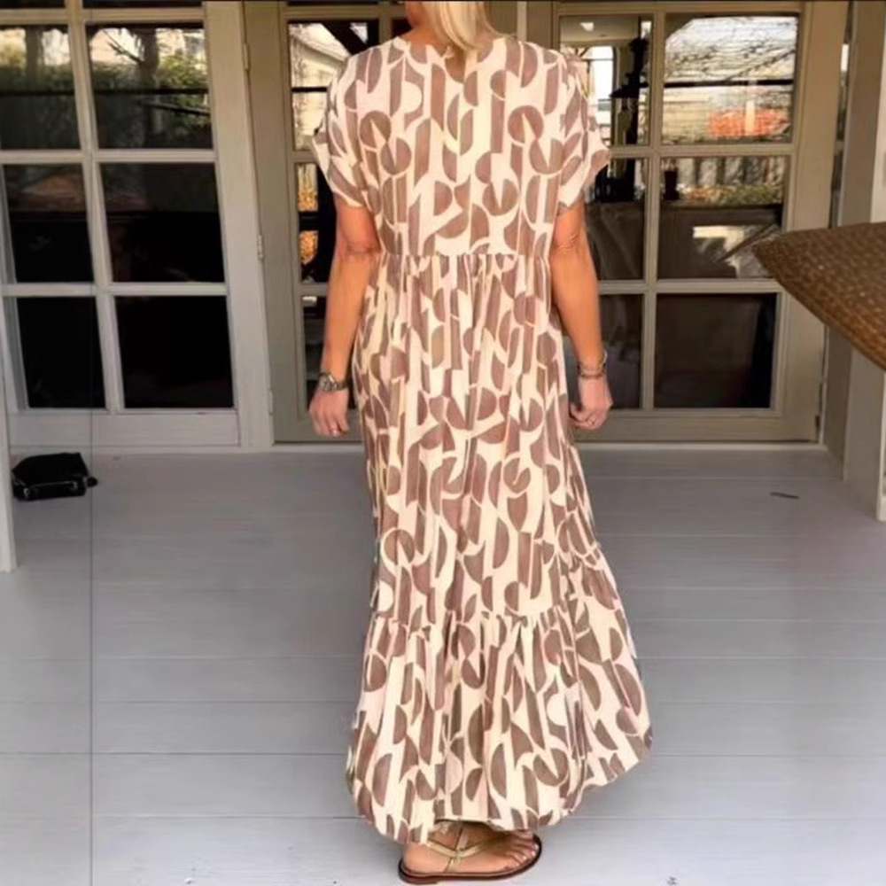 Geometric Print V-Neck Short Sleeve Loose Casual Dress
