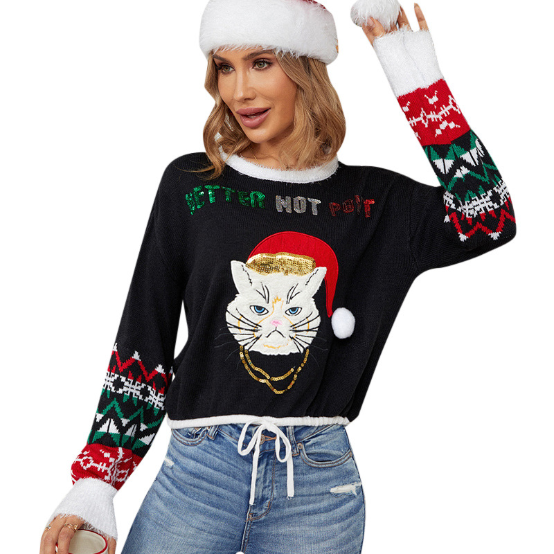 Women's Sequin Embroidered Cat Cropped Knit Sweater