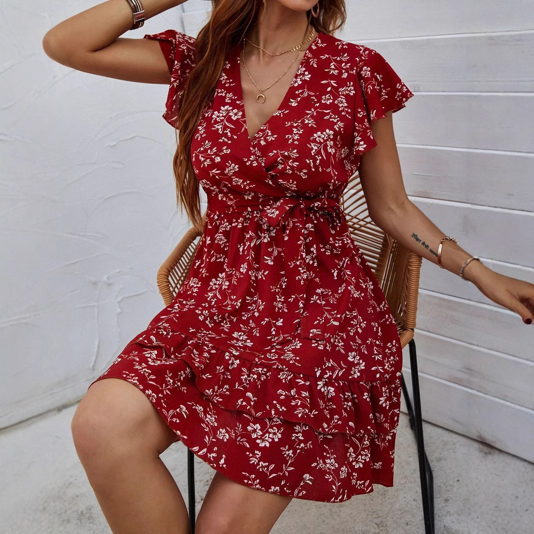 Women's Tie-Dye Print V-Neck Flare-Sleeve Midi Dress
