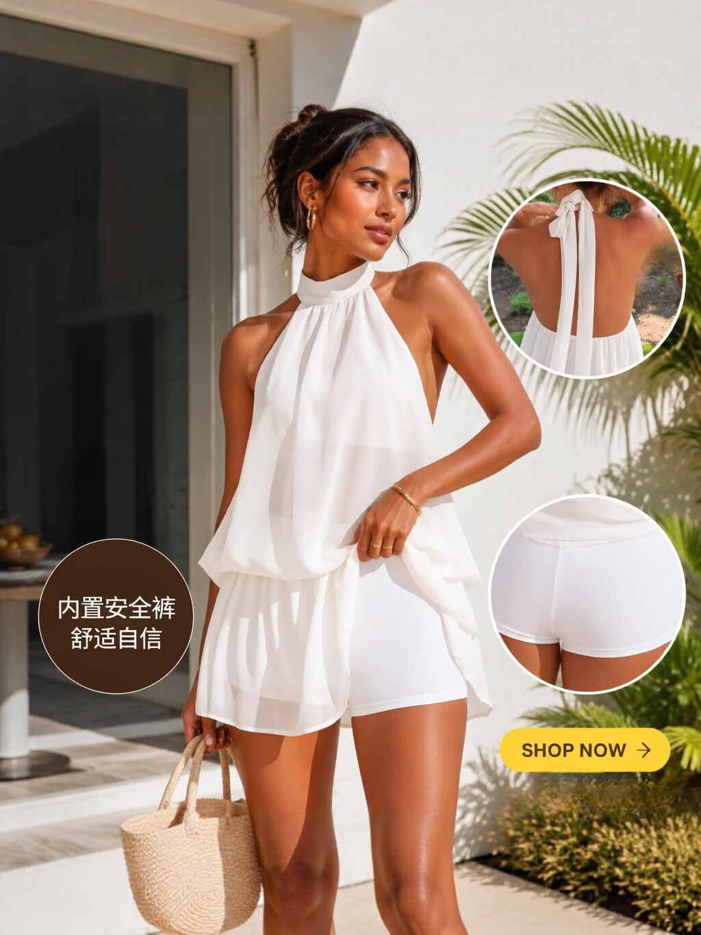 Women's Halter Open-Back Tie Chiffon A-Line Mini Dress with Built-in Shorts