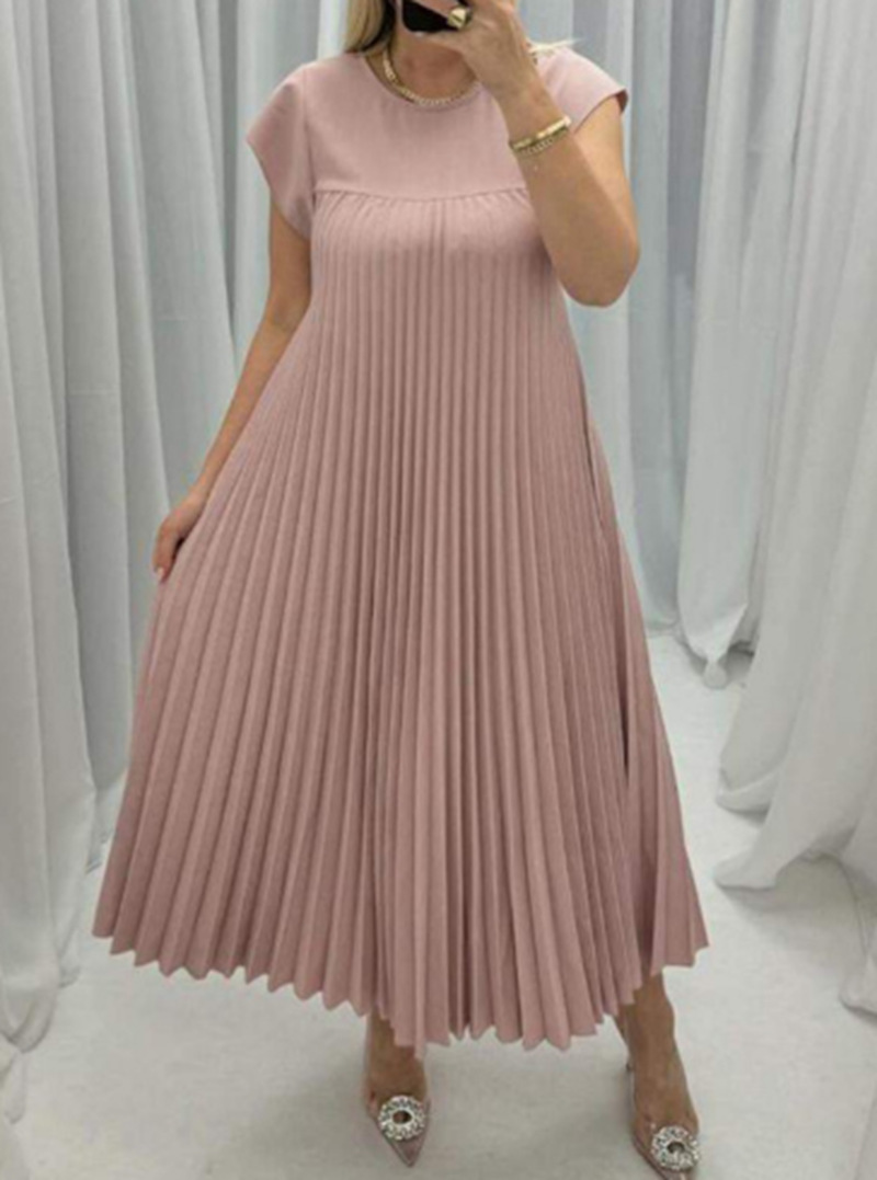 Women's Sleeveless Pleated Dress Round Neck High Waist Long