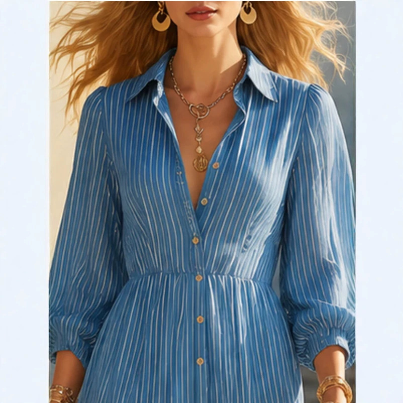 Blue Striped Long Shirt Dress Casual High Waist