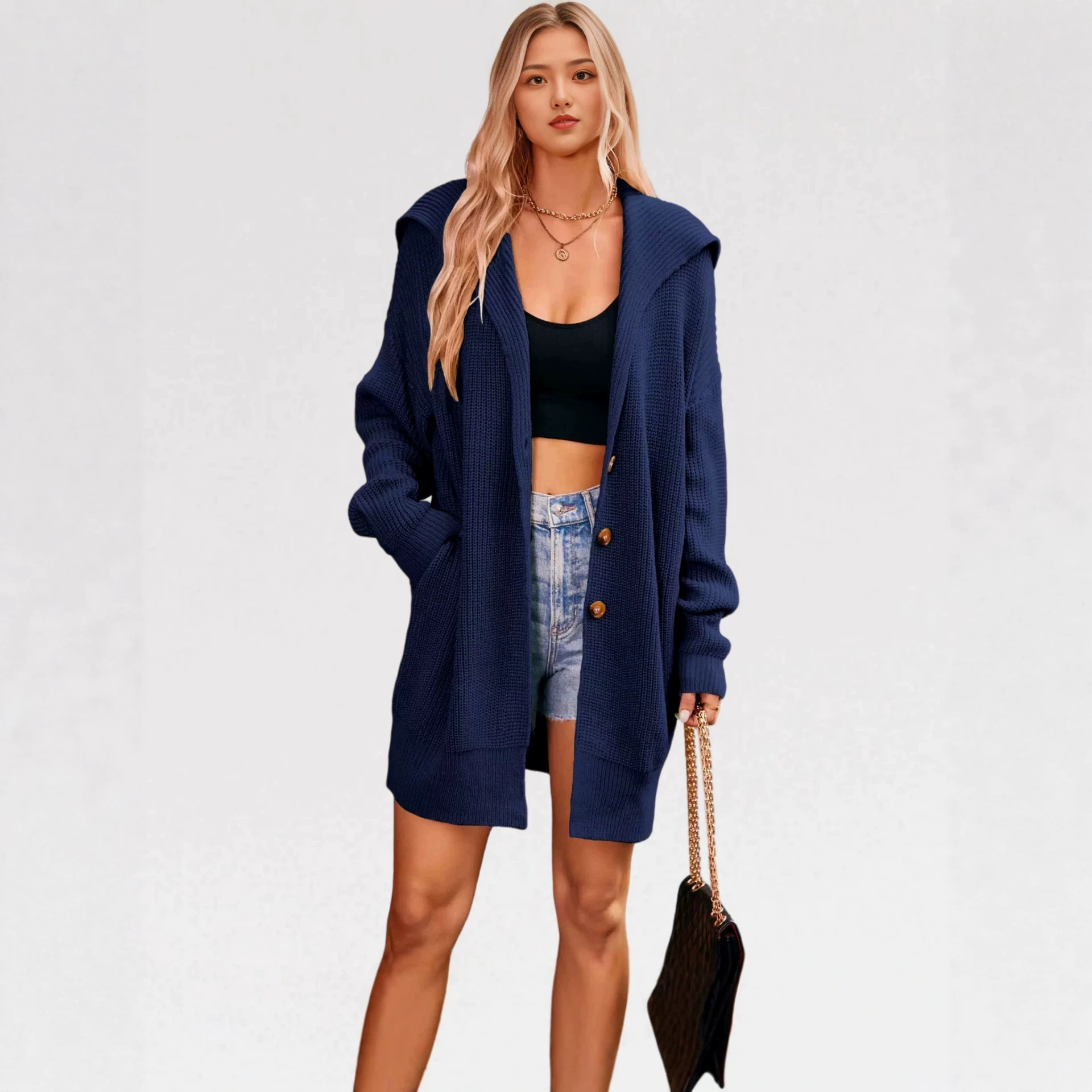 Women's Long Hooded Knit Cardigan with Pockets and Buttons