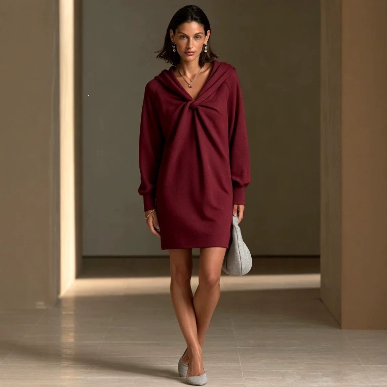 Women's Twist Front Loose Hooded Mini Dress