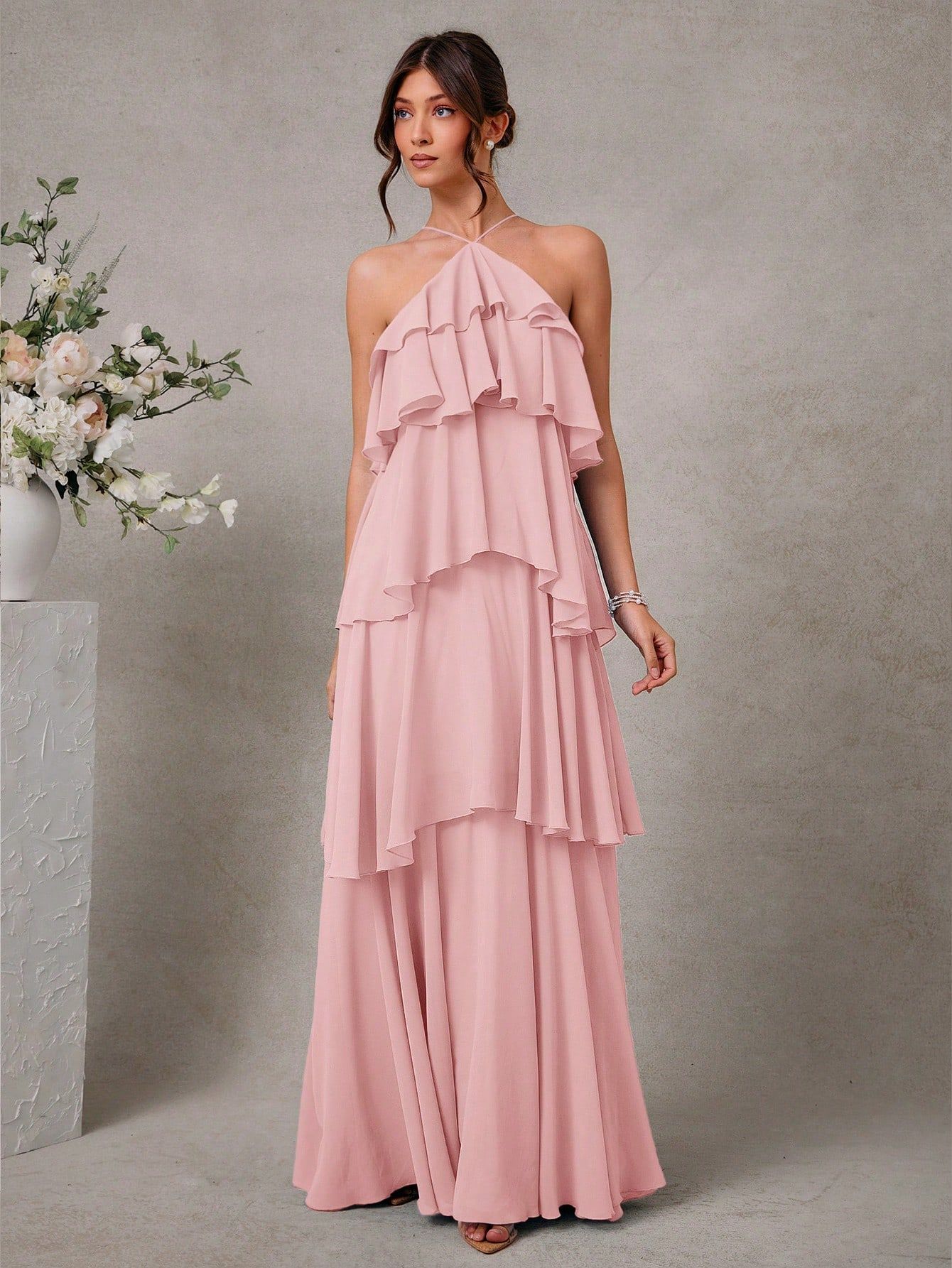 Halter Neck Ruched Open Back Asymmetric Ruffle Maxi Dress