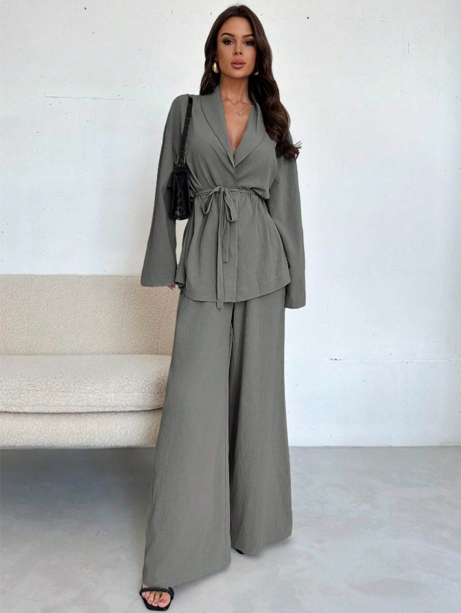 V-Neck Long Sleeve Wide-Leg Pants Set