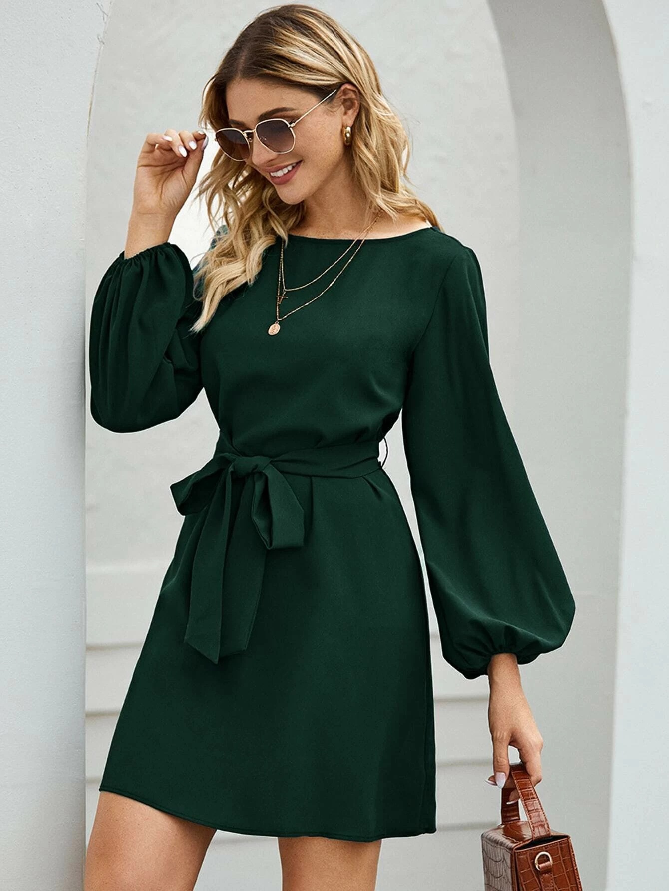 Solid Color Long Sleeve High Waist Midi Dress for Women