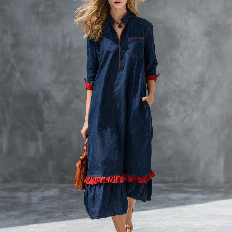 Vintage Stand Collar Ruffle Long Dress
