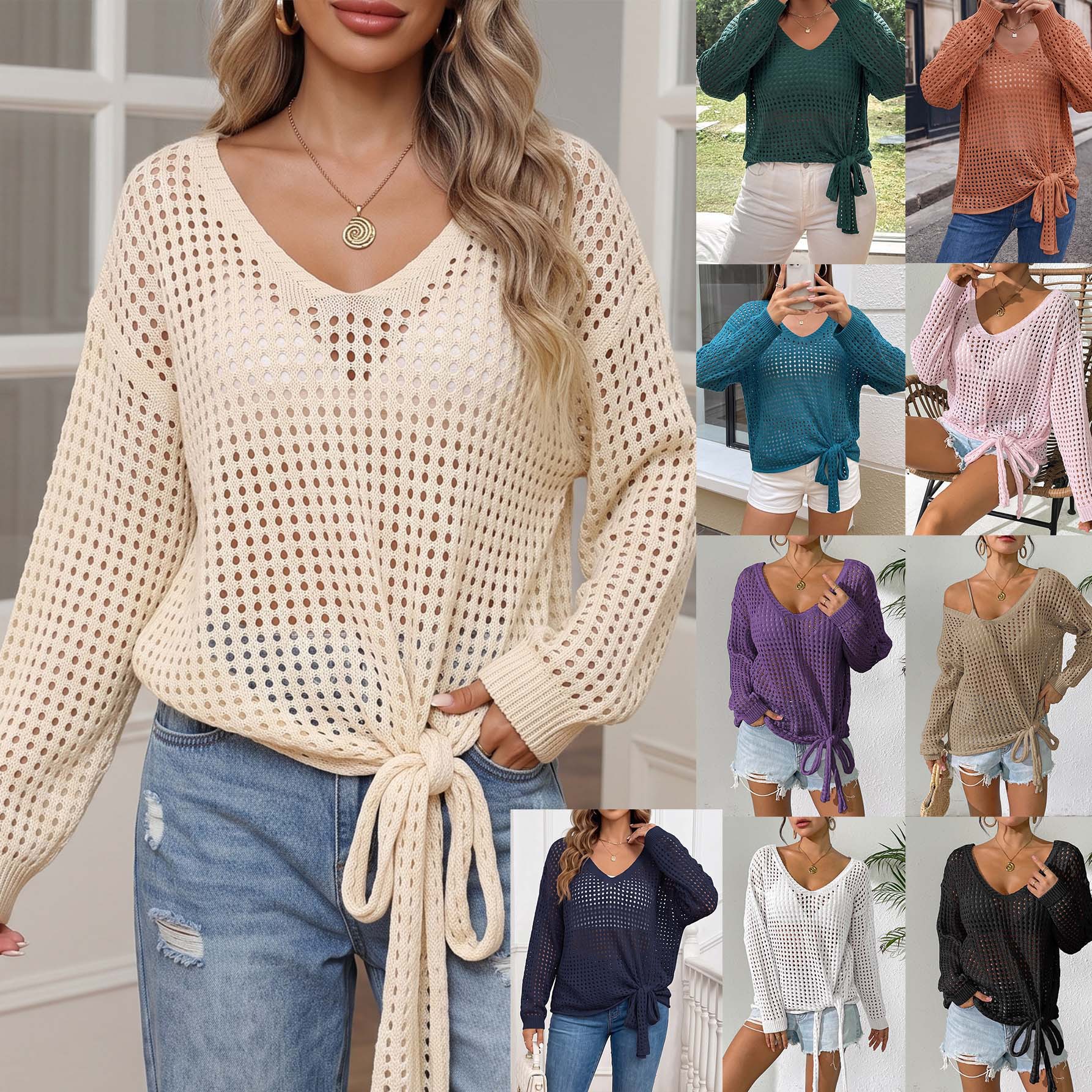Women's V-Neck Hollow-Out Knit Sweater with Tie Bow Long Sleeve Pullover