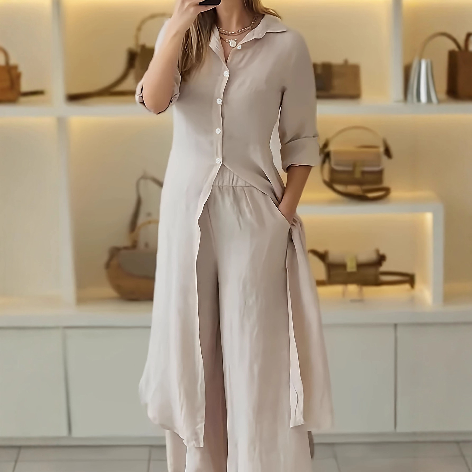 Elegant Solid Color Slit Button-Front Long Shirt and Casual Pants Set