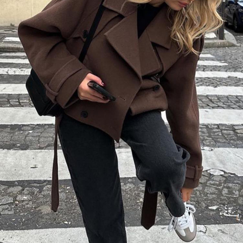 Women's Wool-Blend Blazer Coat with Sash Tie, Suit Collar, Long Sleeve, Dark Brown