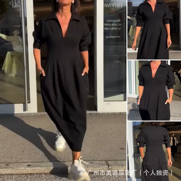 Women's Retro Loose Midi Dress with V-Neck and High Waist