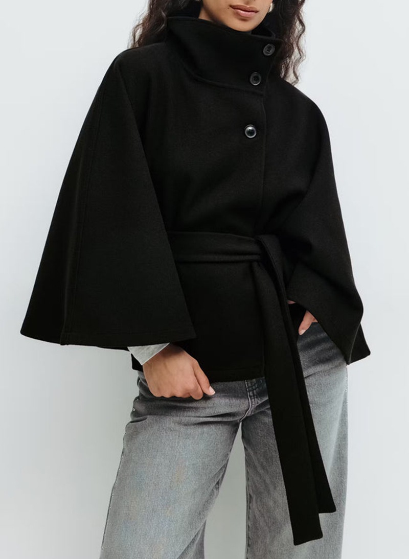 Women's Solid Color Cape-Style Trench Coat with Stand Collar, Button and Belt