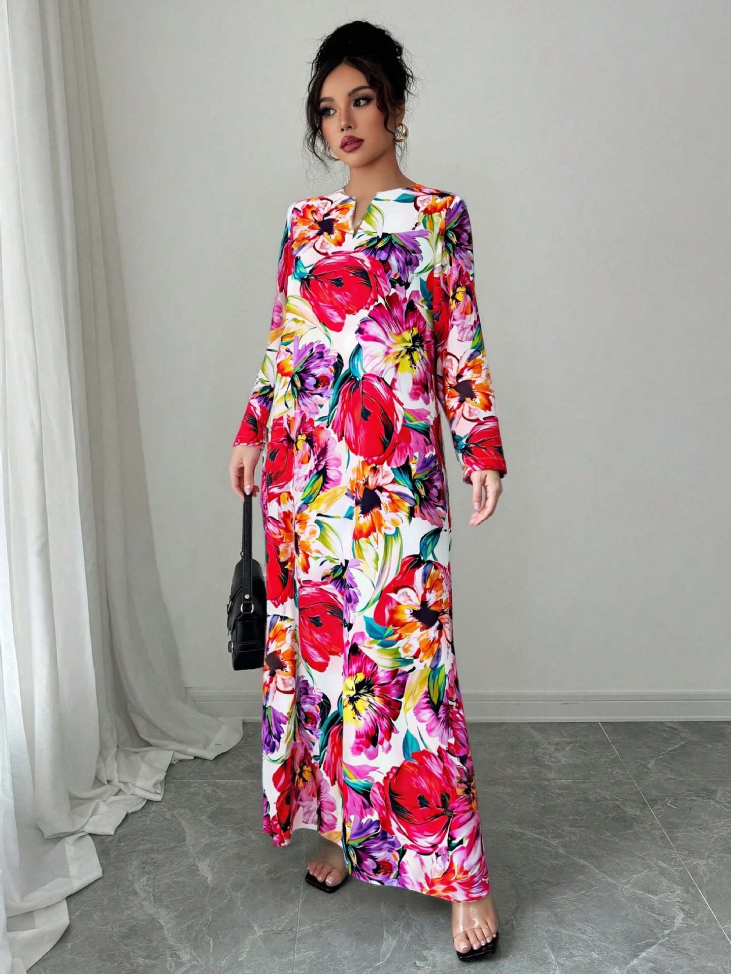 High-Saturation Colorblock Print Long Dress Loose Flattering A-Line V-Neck