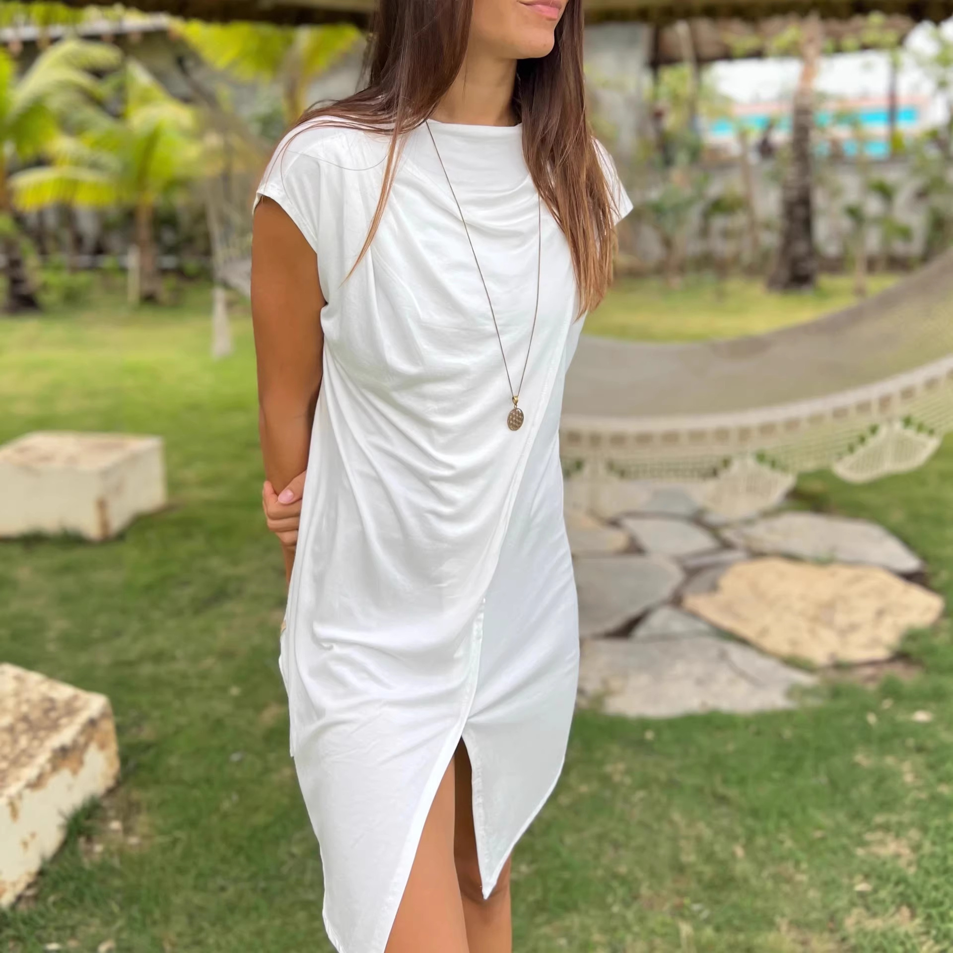 Women's Casual Short Sleeve Loose Slit Midi Dress