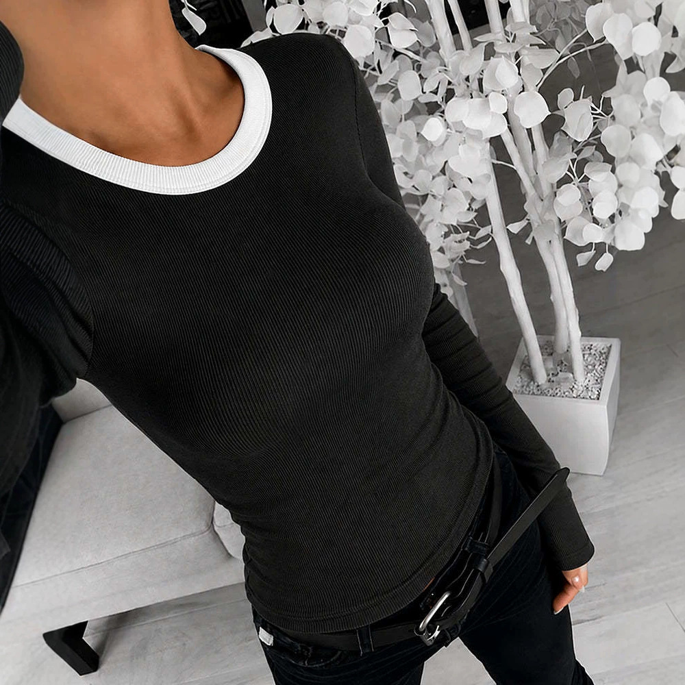 Women's V-Neck Colorblock Long-Sleeve Slimming T-Shirt