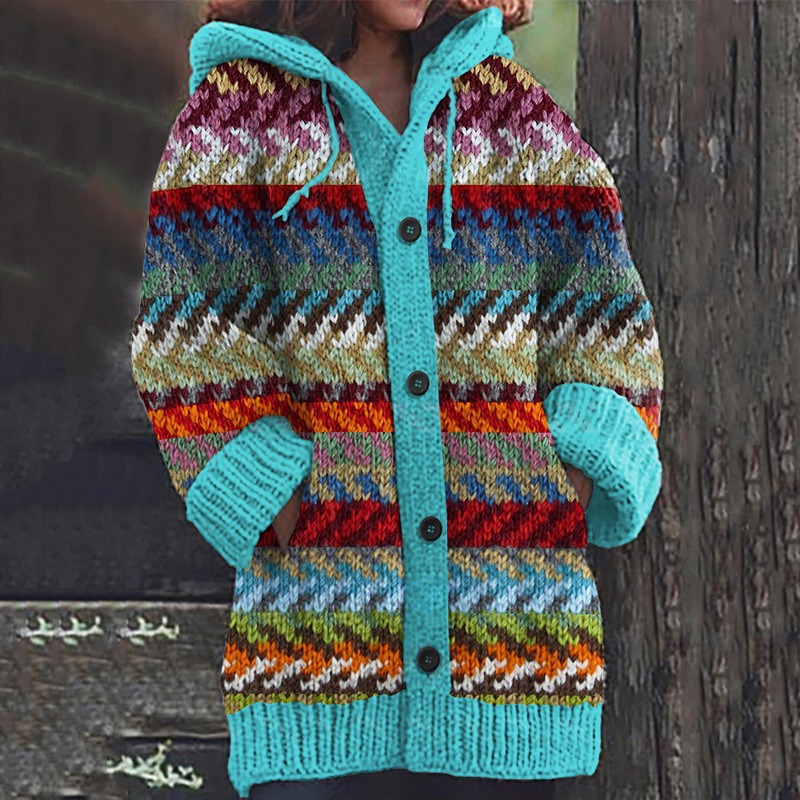 Women's Floral Leaf Print Hooded Button Cardigan Sweater