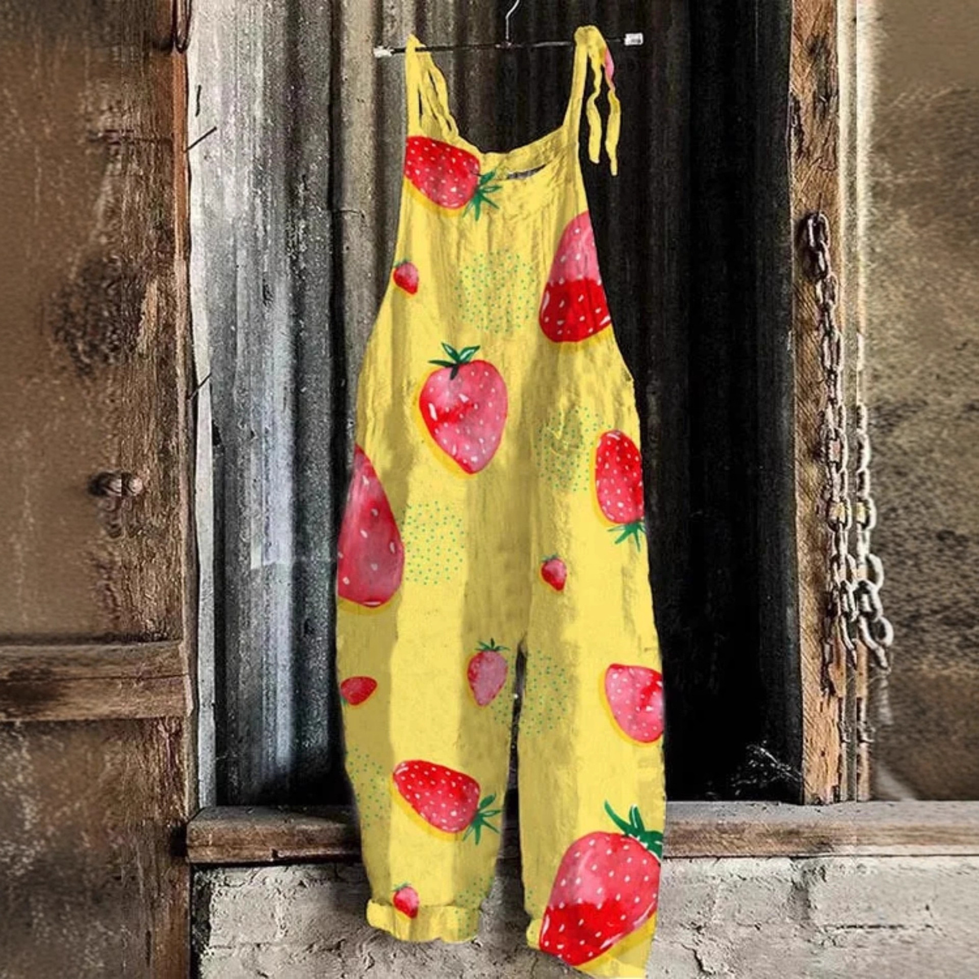 Women's Polka Dot Fruit Print Sleeveless Jumpsuit Casual Tie-Waist