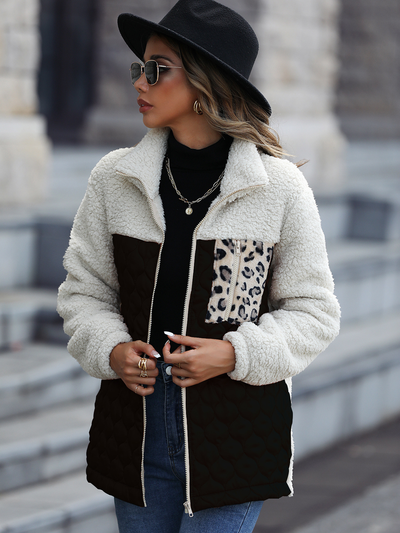 Faux Fur Animal Print Zip-Up Jacket