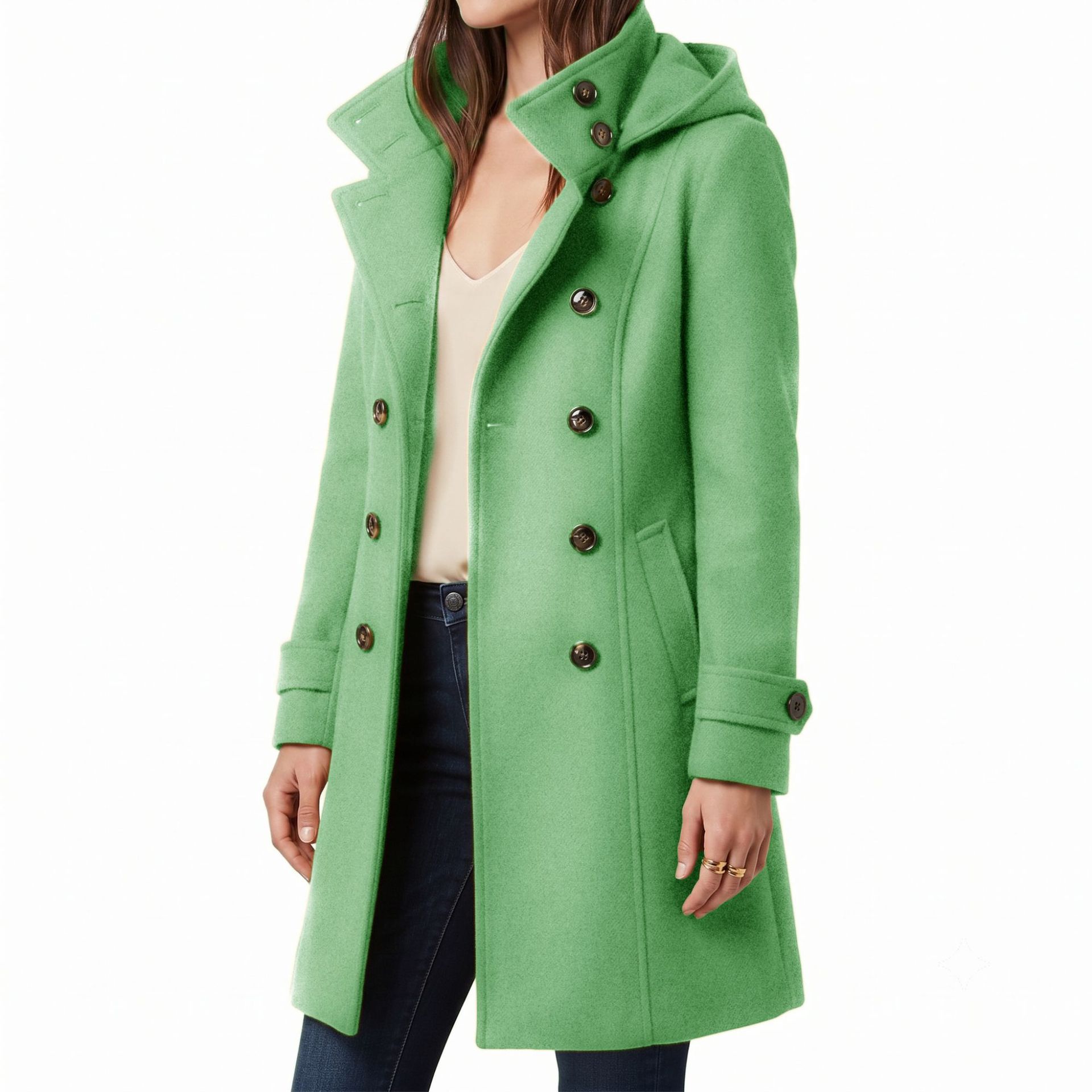 Women's Hooded Double-Breasted Wool-Blend Long Coat