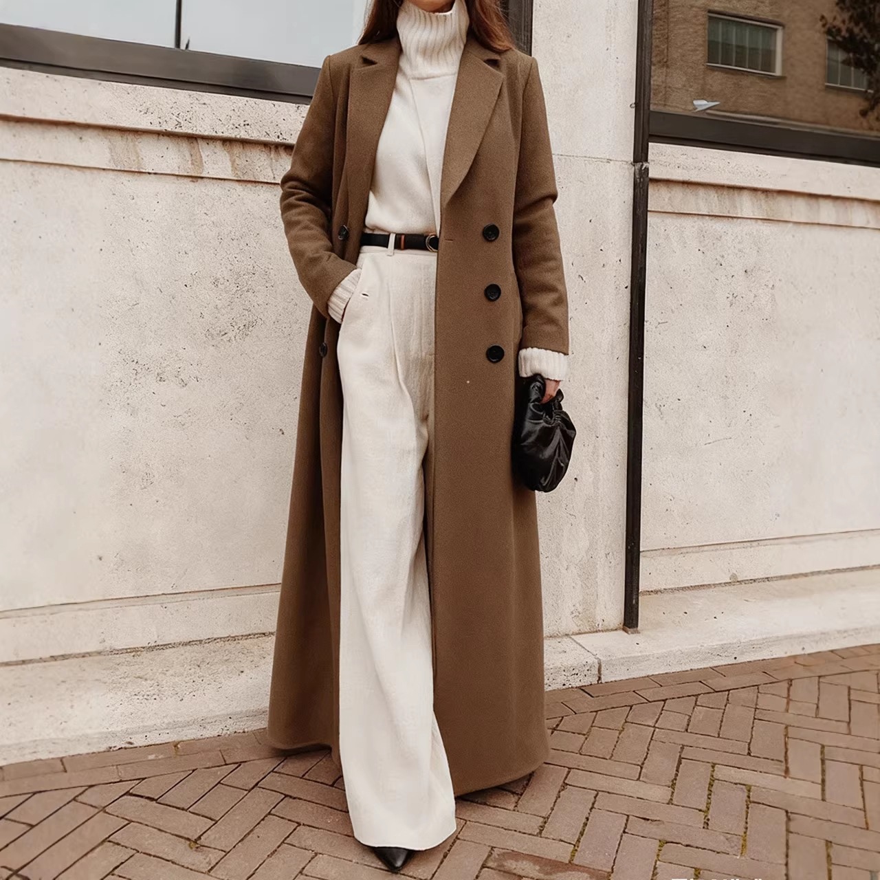 Women's Double-Breasted Long Wool Coat with Lapel Collar