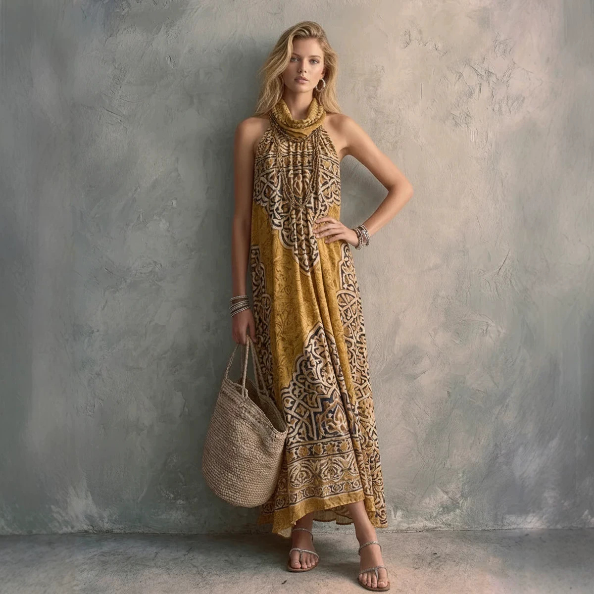 Bohemian Geometric Print Halter Neck Sleeveless A-Line Midi Dress