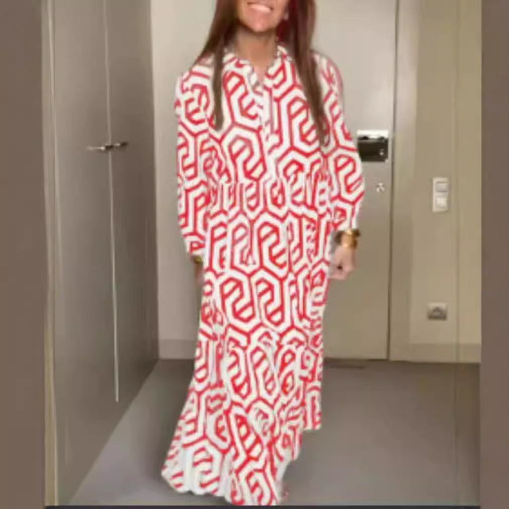 Women's Long Sleeve Collared Printed Shirt Dress